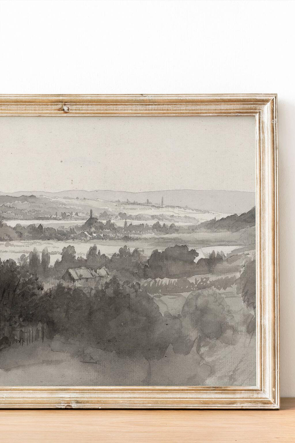 european countryside sketch style forest village print