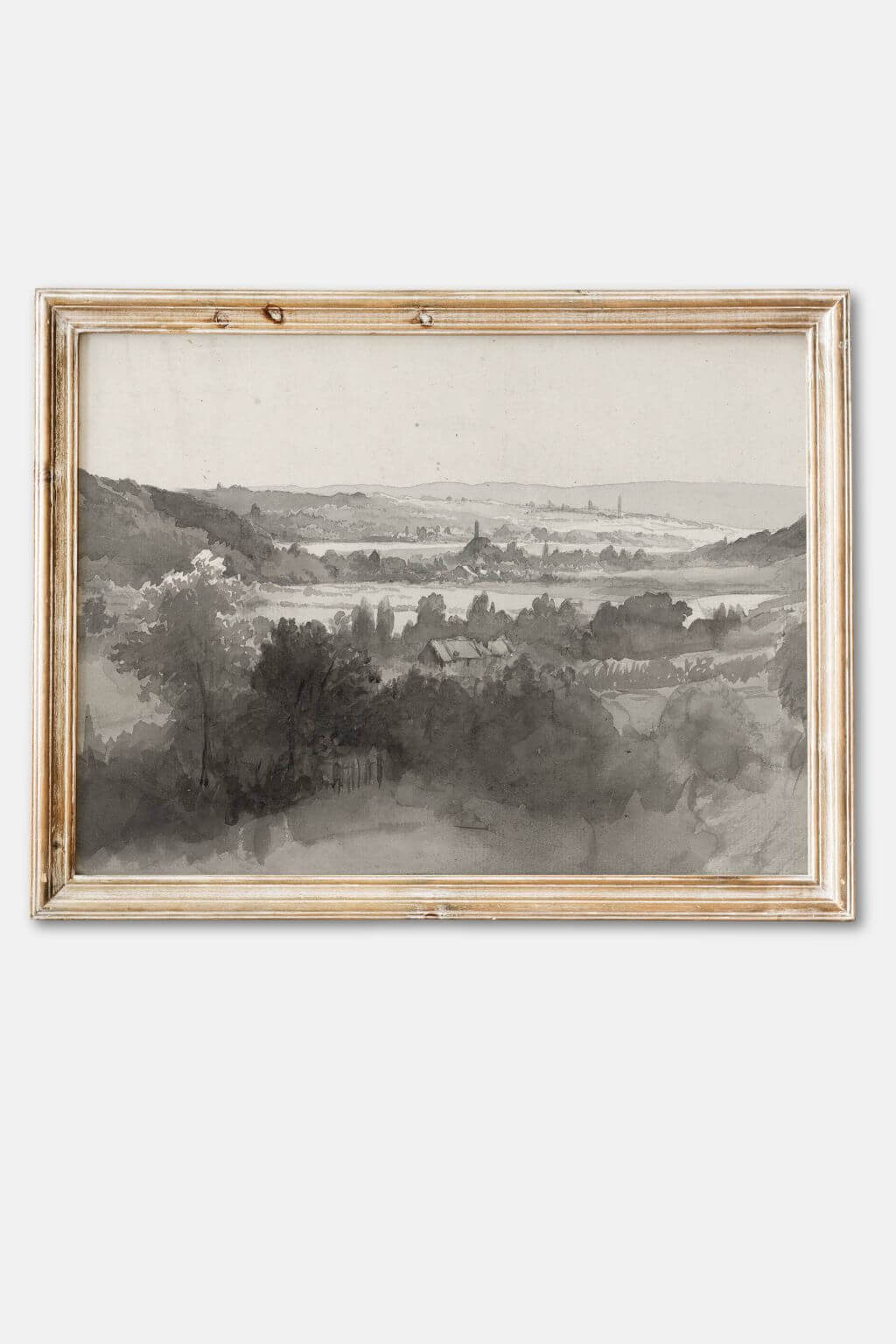 vintage forest landscape art print grayscale countryside scene