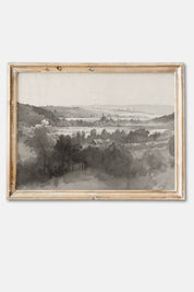 vintage forest landscape art print grayscale countryside scene