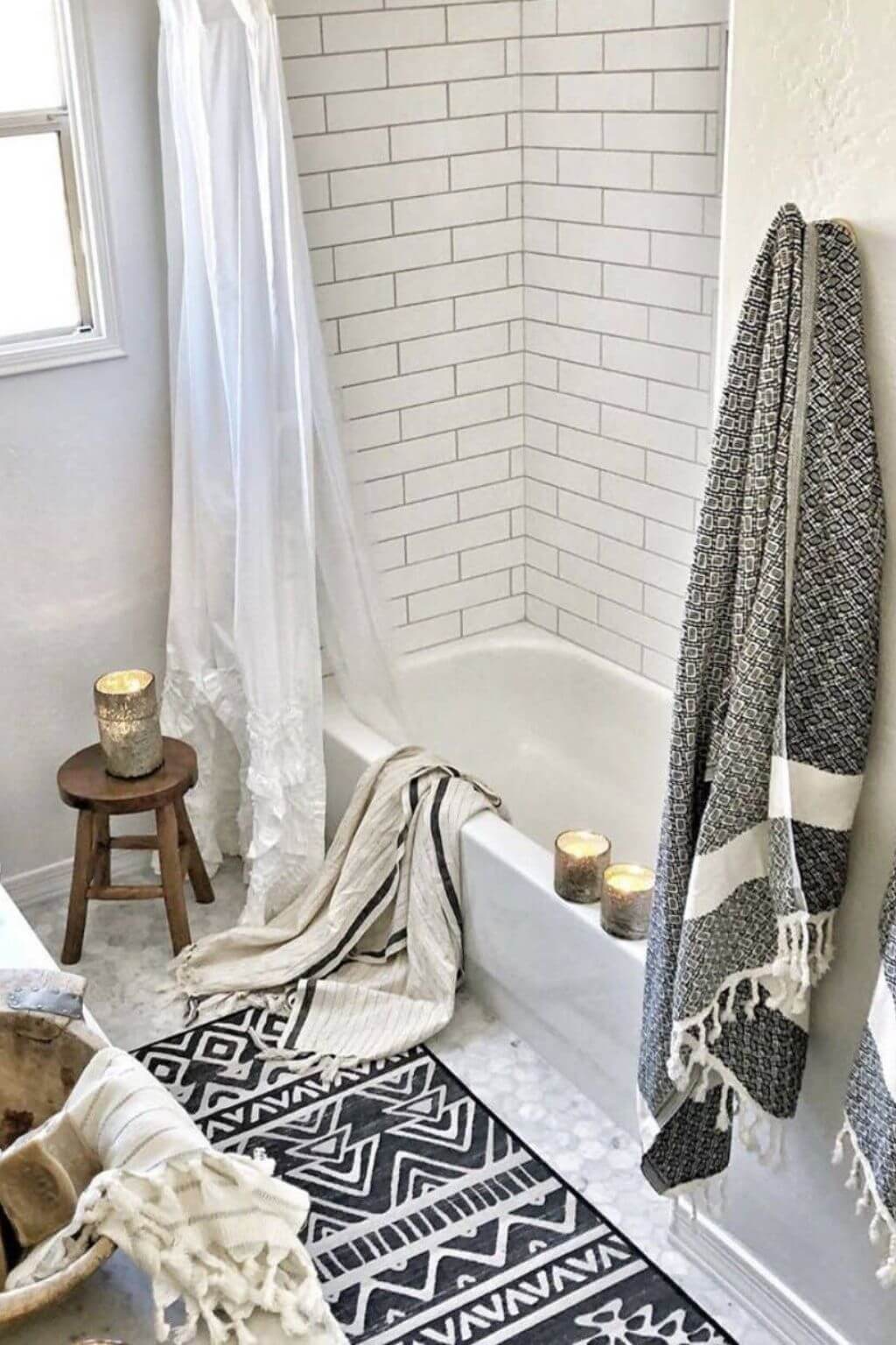 turkish towel hanging in bathroom black geometric pattern