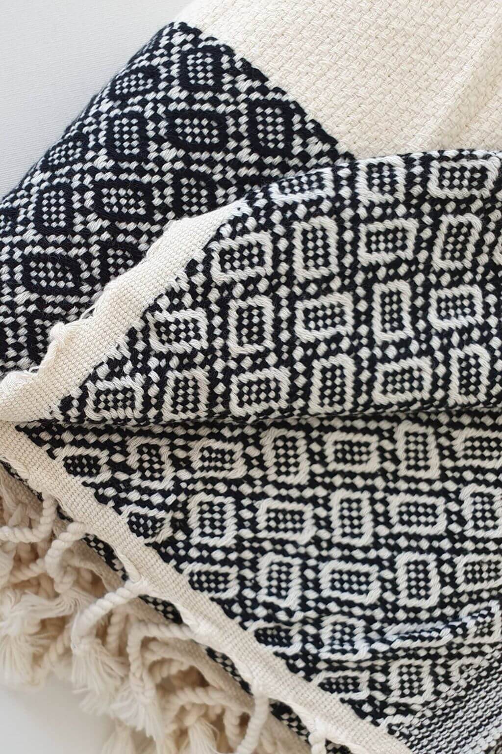 textured detail of black geometric weave turkish towel