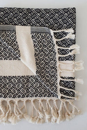 close up of woven turkish towel fringe tassel detail