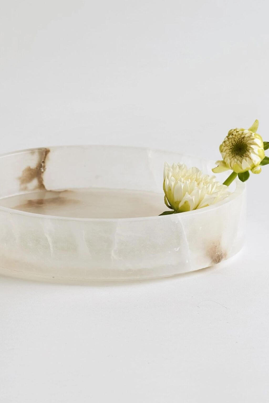 Elegant Portuguese Alabaster Vanity Tray with flowers on a white background