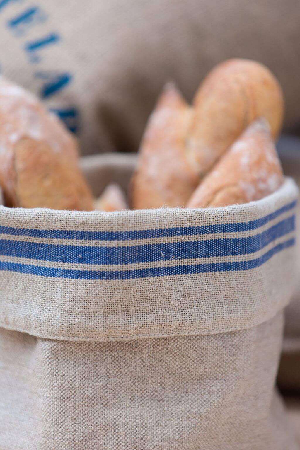 linen bread basket with baguettes French blue stripe linen basket
