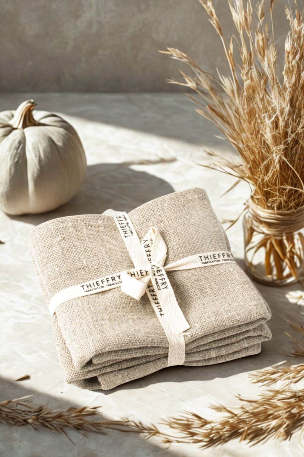 Folded beige fabric with 'Thieffry' label on a neutral background with pumpkin and wheat.