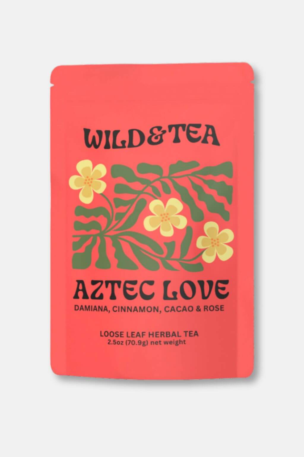 A red stand-up pouch of Wild & Tea Aztec Love loose leaf herbal tea, featuring green leaf illustrations and yellow flowers on the front, set against a light gray background.