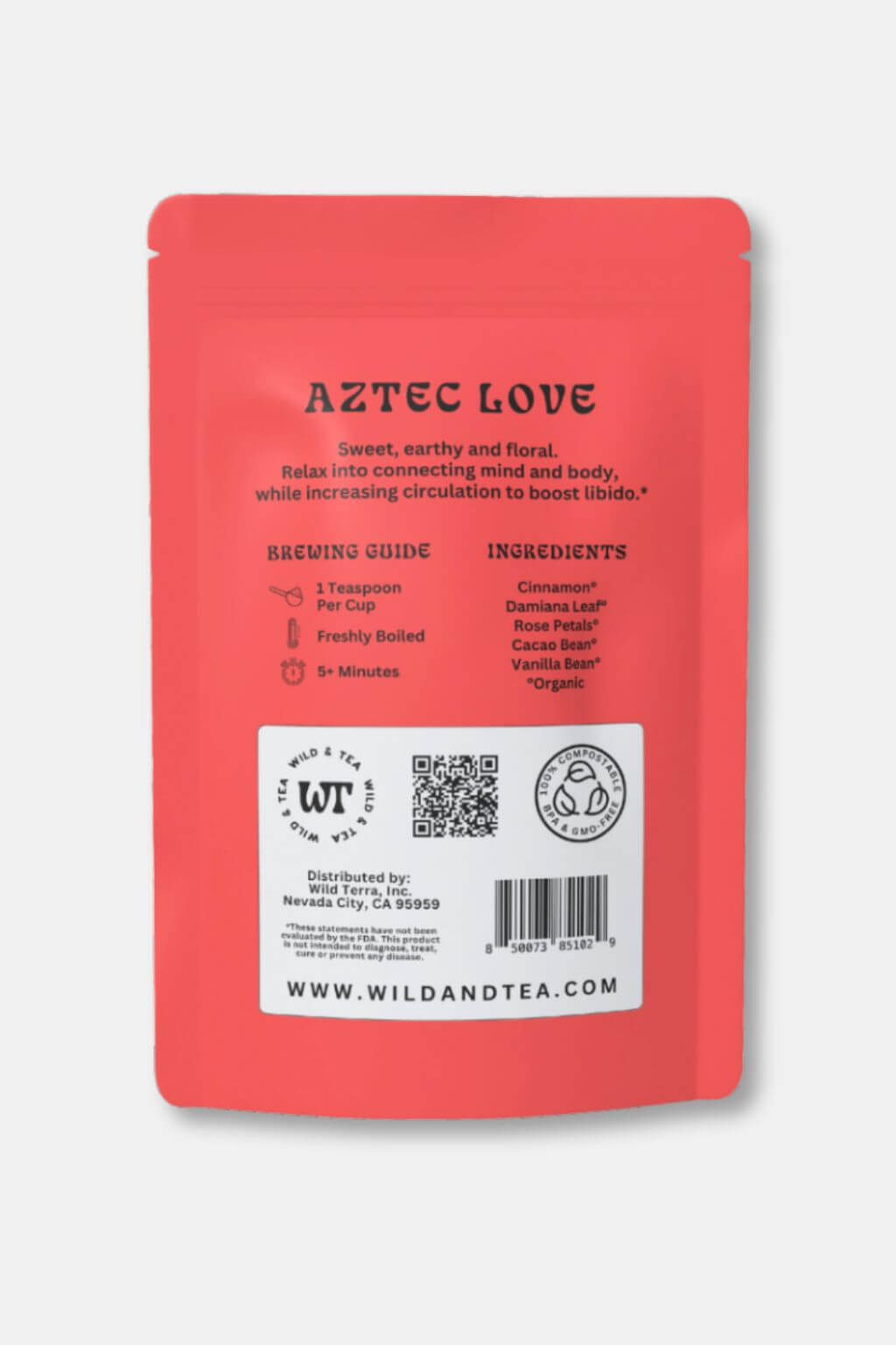 The back of a red stand-up pouch of Wild and Tea Aztec Love herbal tea, featuring brewing instructions and ingredients on a light gray background.
