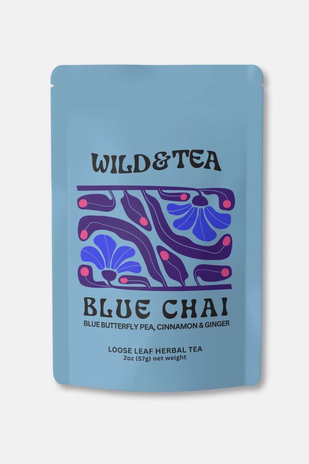 A light blue stand-up pouch of Wild & Tea Blue Chai loose leaf herbal tea, featuring a stylized purple and blue floral pattern on the front.