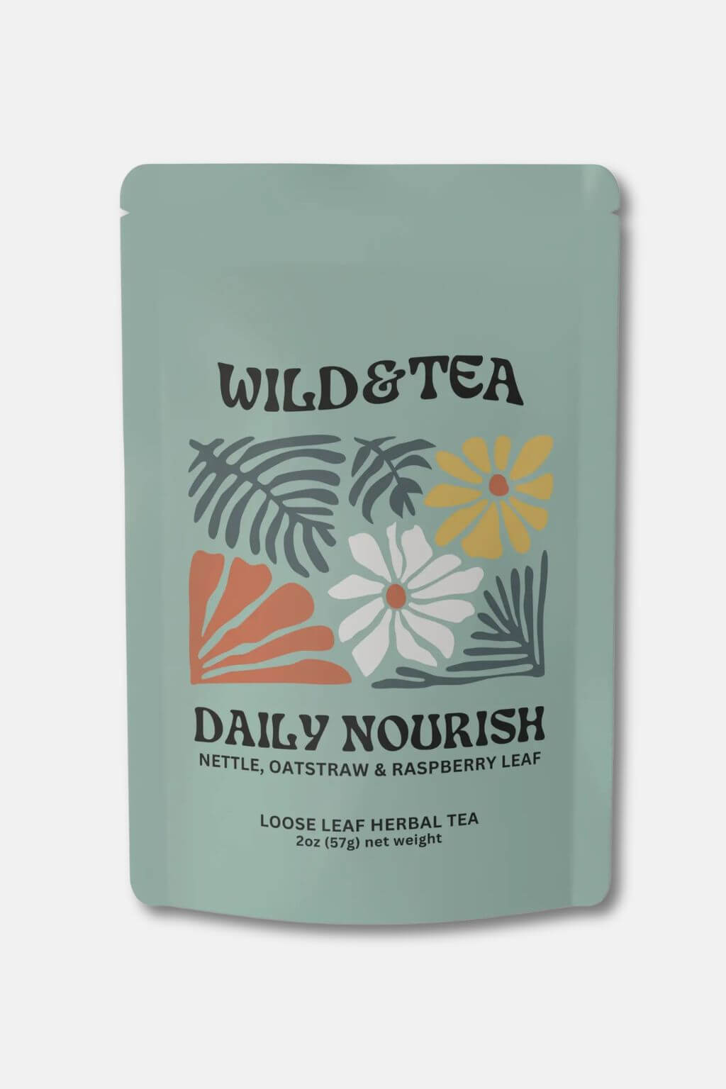 A stand-up pouch of Wild & Tea Daily Nourish loose leaf herbal tea, featuring a sage green background with colorful botanical illustrations and black text.