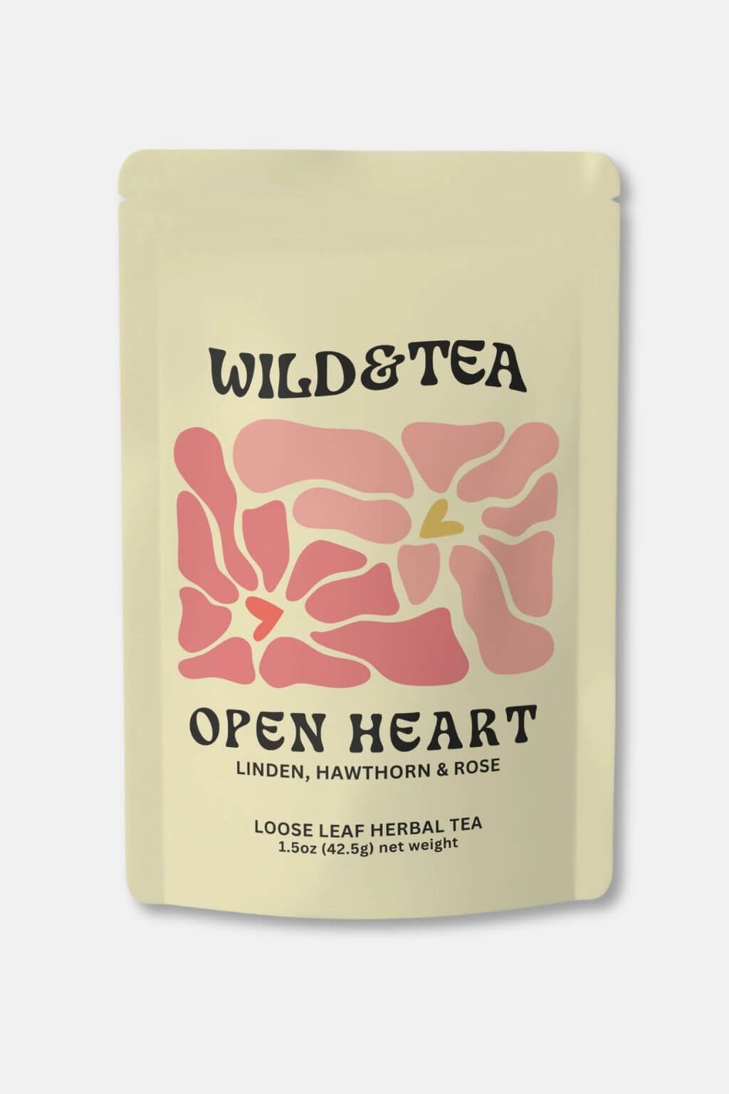 A stand-up pouch of Wild & Tea 'Open Heart' loose leaf herbal tea. The packaging is a pale cream color with a central graphic of pink and coral abstract petals, and black text detailing the flavor notes of Linden, Hawthorn, and Rose.