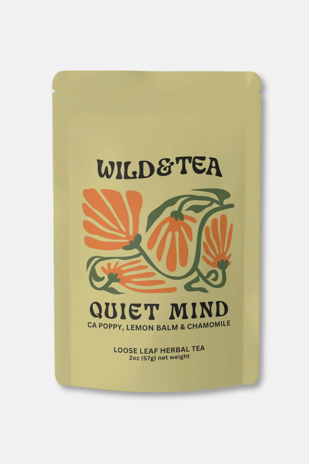 A stand-up pouch of Wild & Tea Quiet Mind loose leaf herbal tea, featuring a light beige background with orange poppy and green chamomile illustrations.