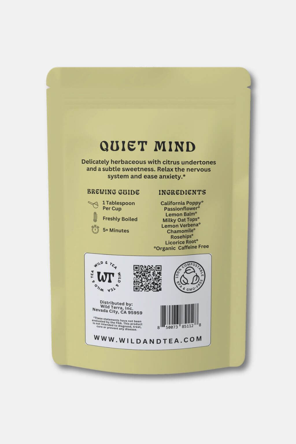 The back of a light beige stand-up pouch for Wild And Tea's 'Quiet Mind' herbal tea, featuring brewing instructions and ingredients on a light gray background.