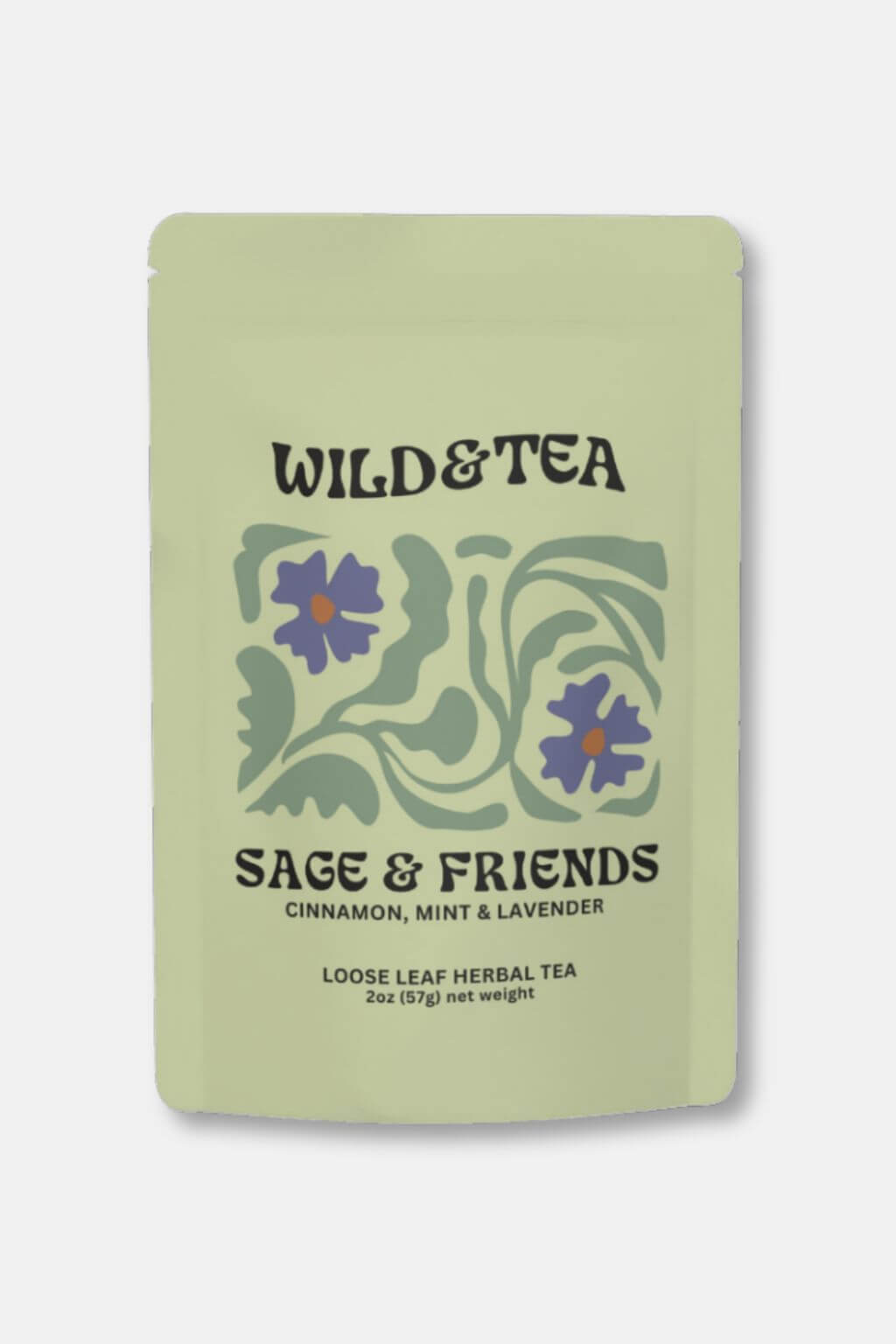 A stand-up pouch of Wild & Tea Sage & Friends loose leaf herbal tea, featuring a sage green background with a retro floral illustration and black text.