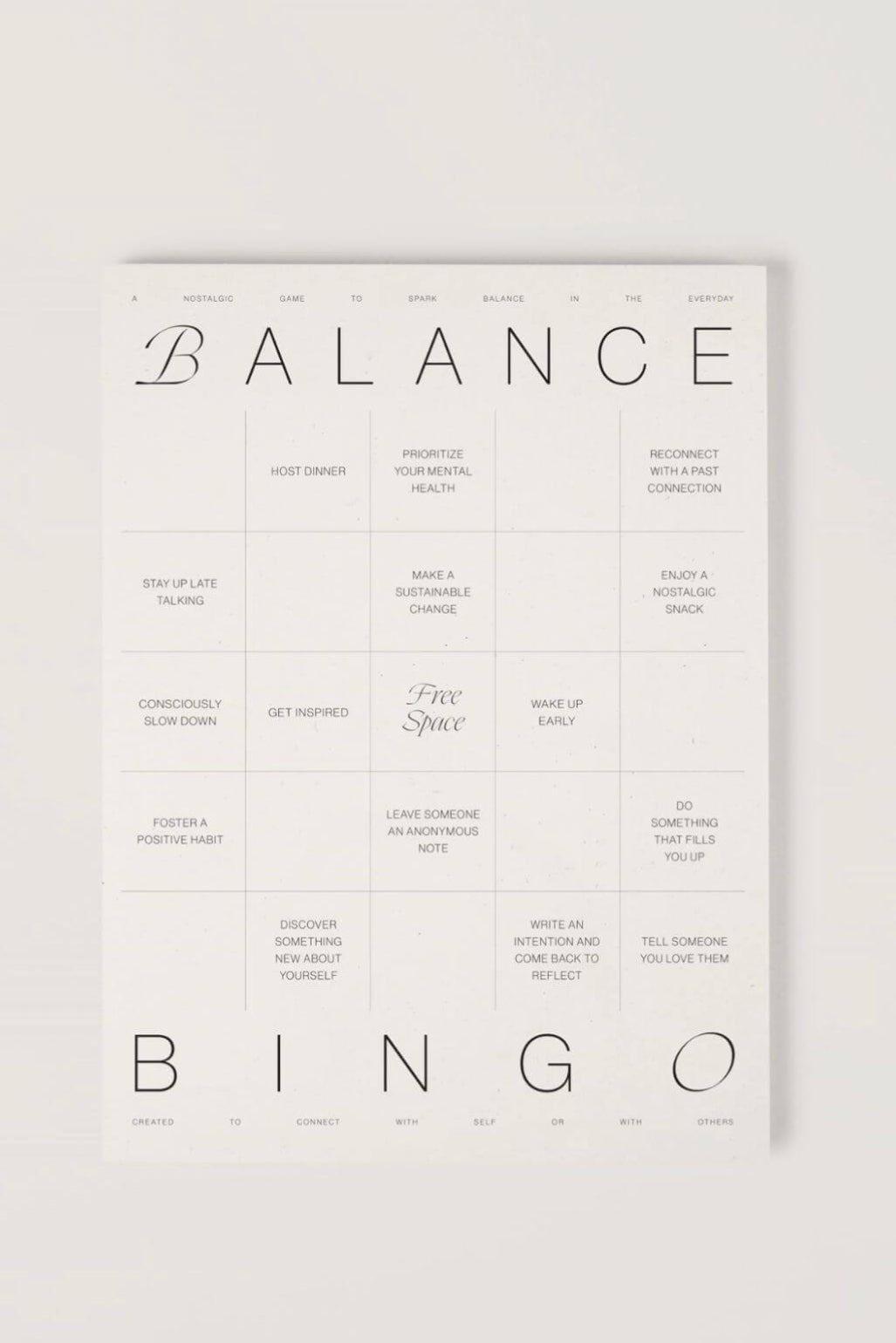 A minimalist white balance bingo card with black text, displayed against a white background