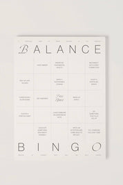 A minimalist white balance bingo card with black text, displayed against a white background