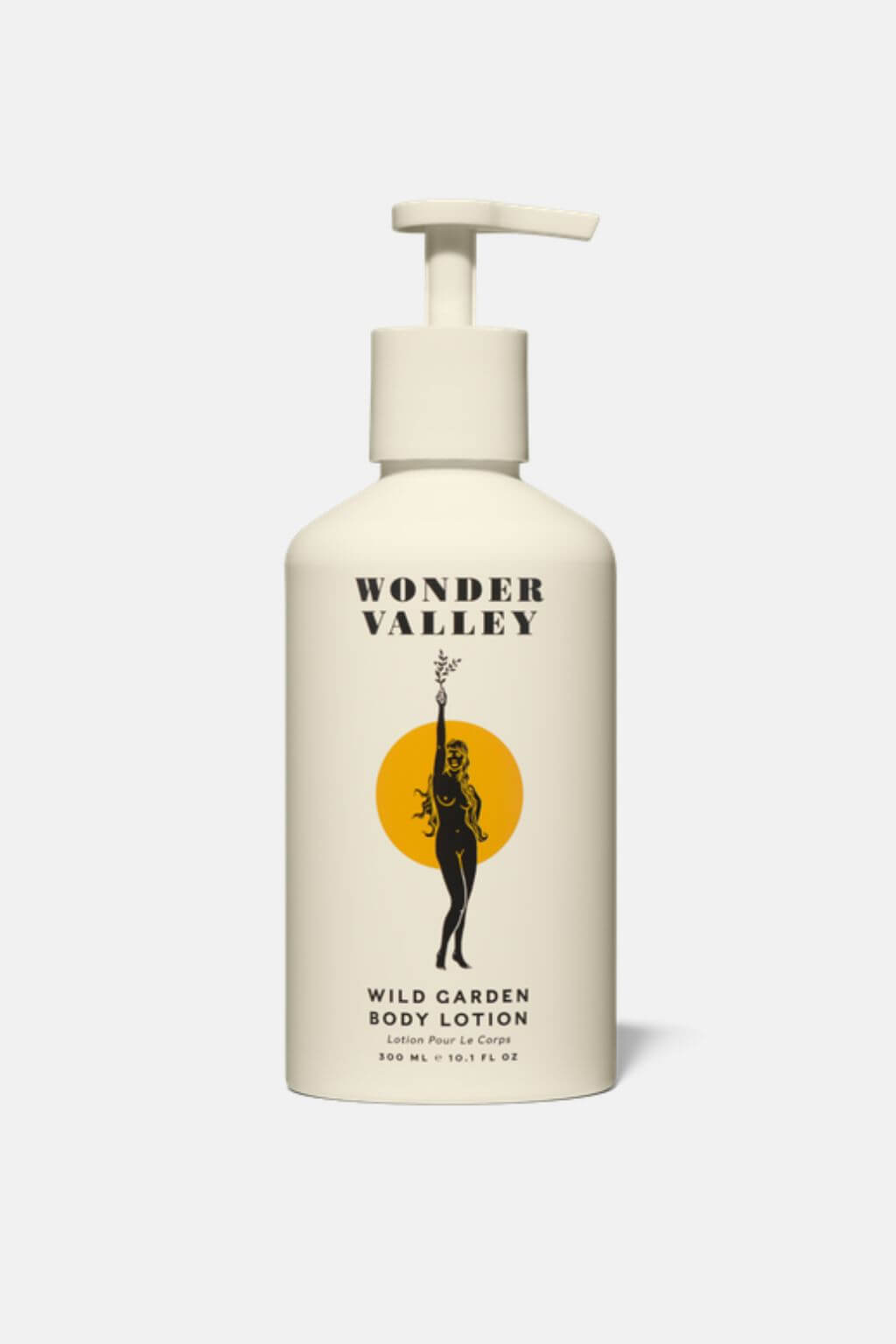 Wonder Valley Wild Garden Body Lotion in a white pump bottle with a black and yellow graphic label, shown against a light gray background.