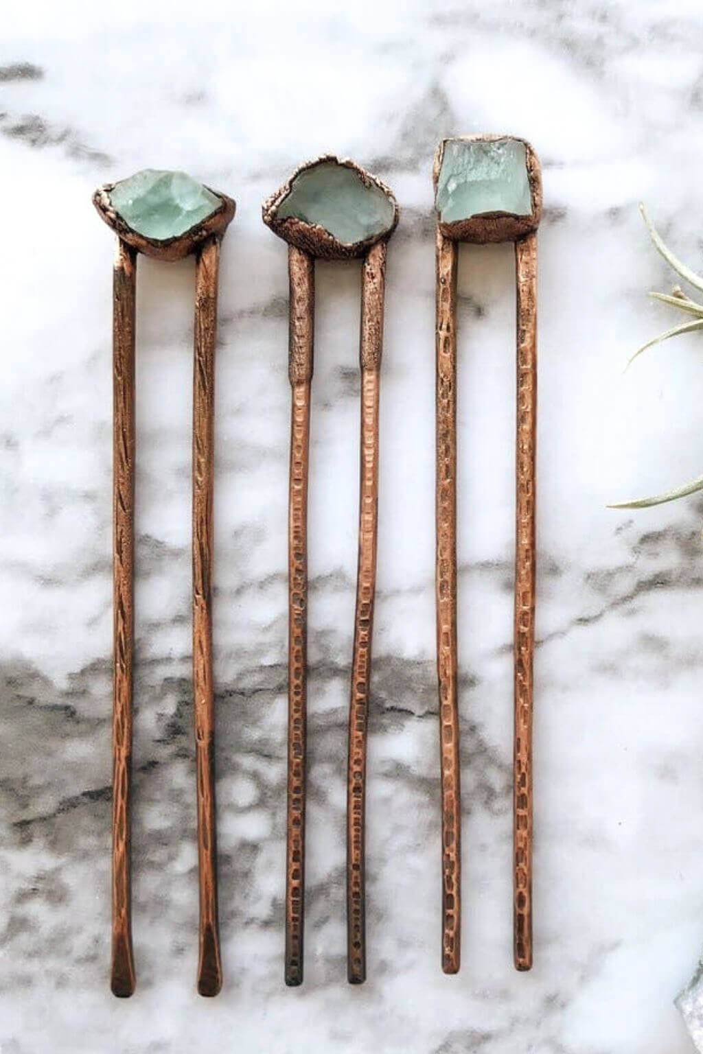 Handcrafted recycled copper hair pin featuring a one-of-a-kind natural fluorite crystal with rustic patina finish