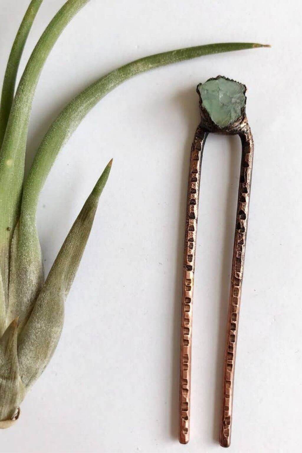 Artisan fluorite hair pin handcrafted from recycled copper with natural raw fluorite gemstone tip