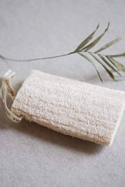 Natural loofah sponge on a neutral background with a plant leaf