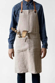 Natural washed linen luxury apron with adjustable leather neck strap