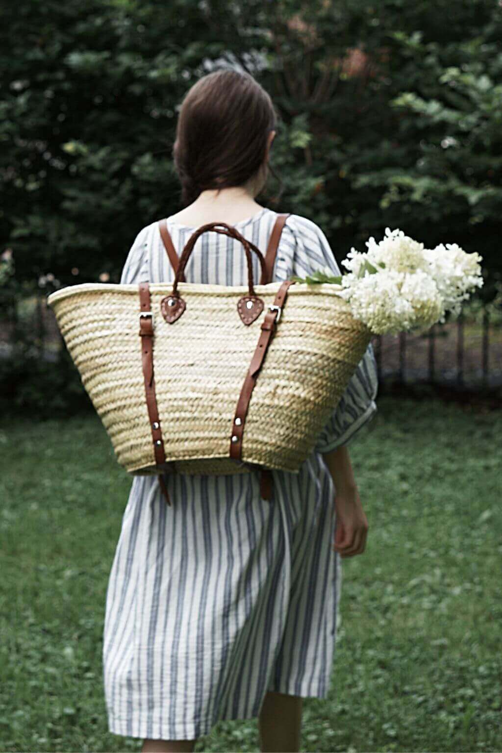 Woven Market Basket Backpack | French Harvesting Basket with Brown Leather Straps