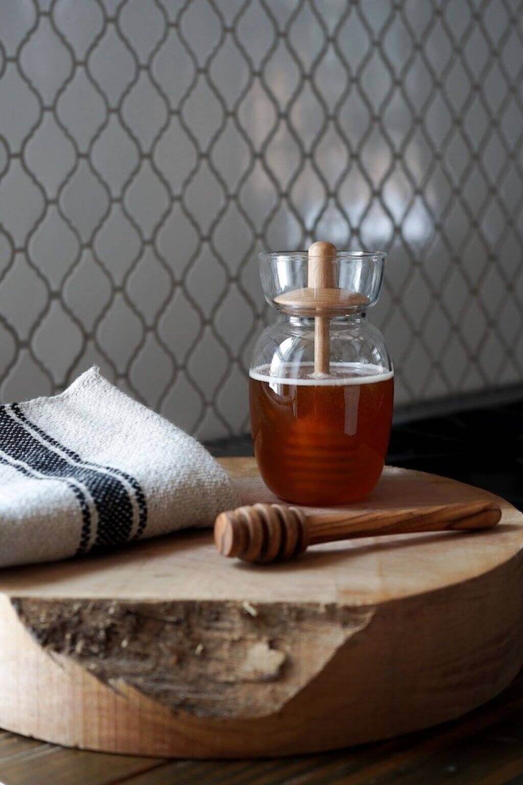 Borosilicate Glass Honey Jar | Modern Honey Pot with Wooden Dipper Lid