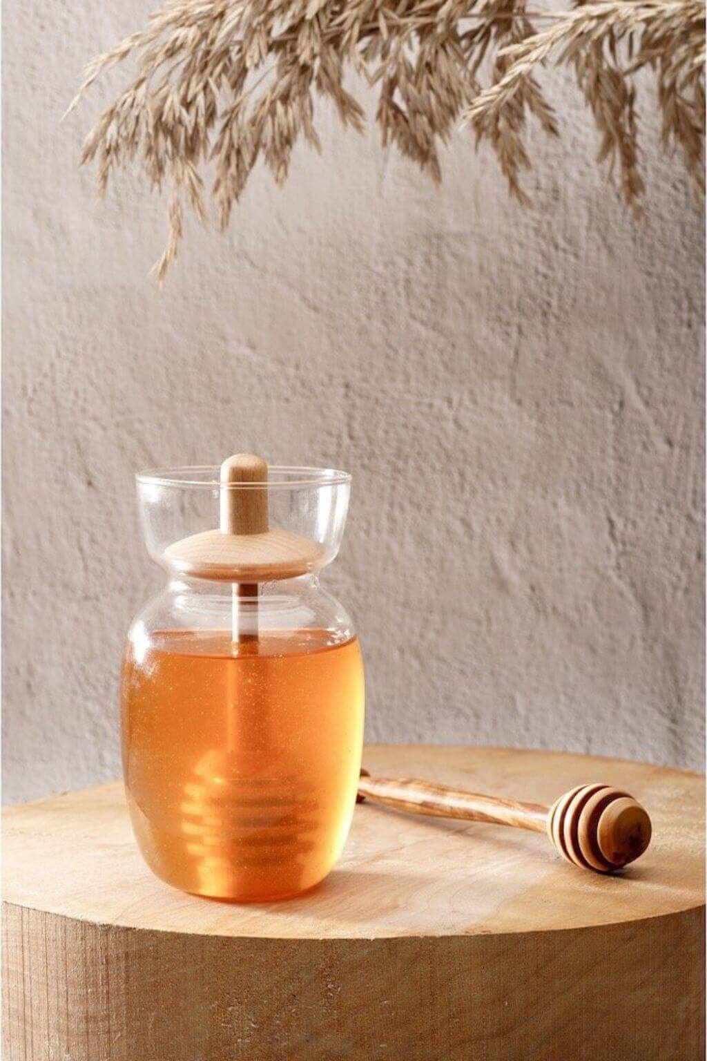 Borosilicate Glass Honey Jar | Modern Honey Pot with Wooden Dipper Lid