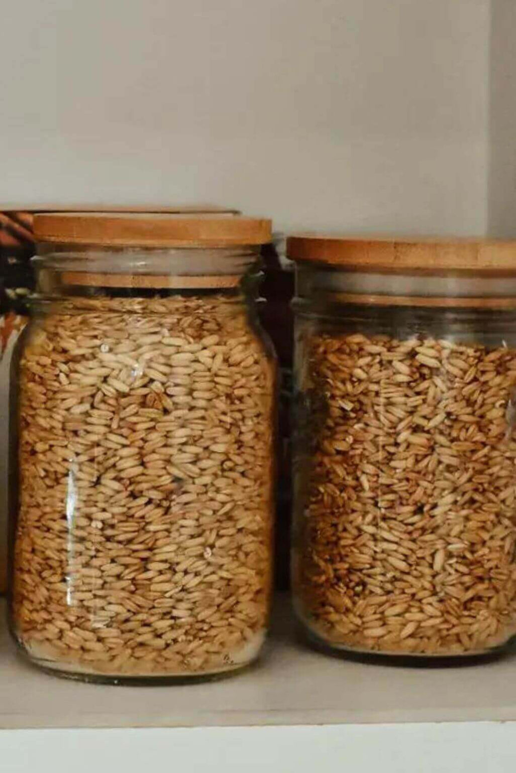 Two clear glass jars with light bamboo lids, filled with small brown grains sitting on a shelf against a plain light background.